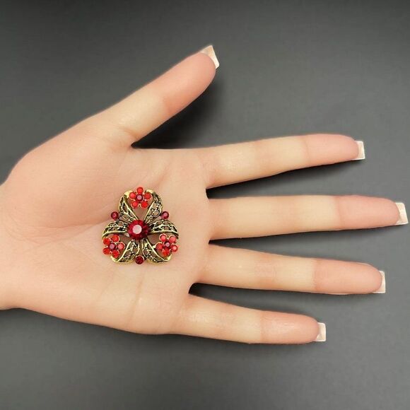 Yellow Gold with Ruby Red and Garnet Red Crystal Flower Pin Back Brooch - Picture 8 of 9